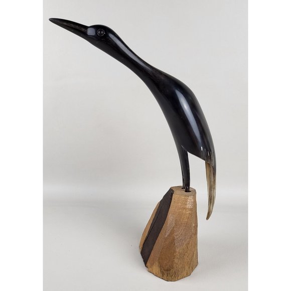 Crane Bird Hand Carved Horn Sculpture on Wood Base MCM Artist Marked - Picture 3 of 12